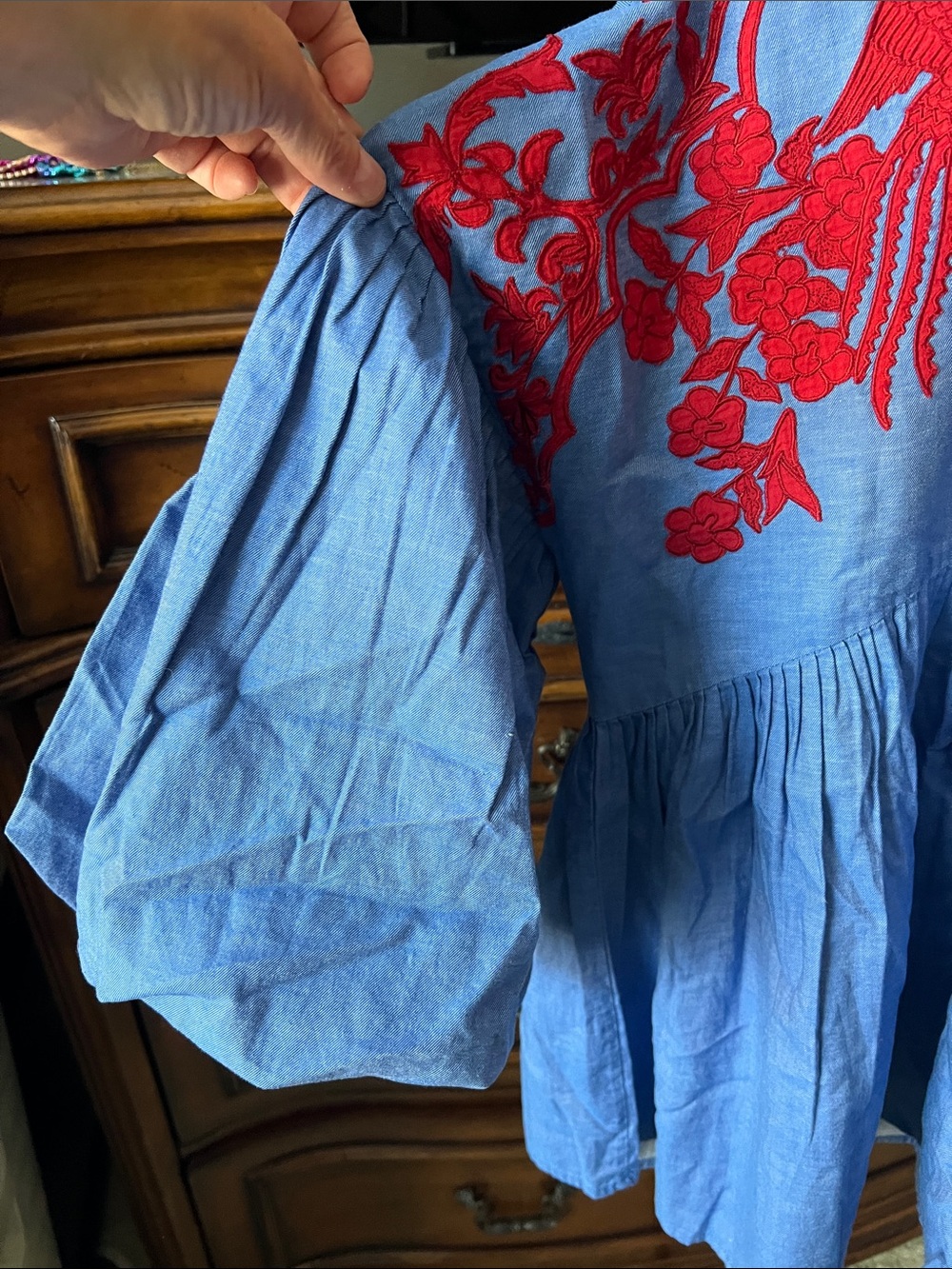 Hemant and Nandita Sky Blue Tunic with Red Embroidered Birds - Picture 4 of 5